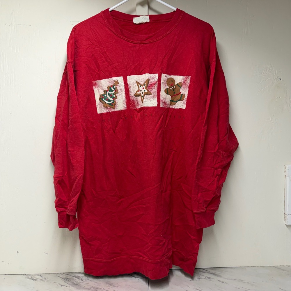 Vintage Kathy Ireland Red Christmas Gingerbread Cookie Sweatshirt 3/4 Sleeve